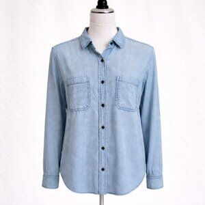 Mossimo Striped Button Up Shirt Womens M Blue Faded Boyfriend Fit Long Sleeve